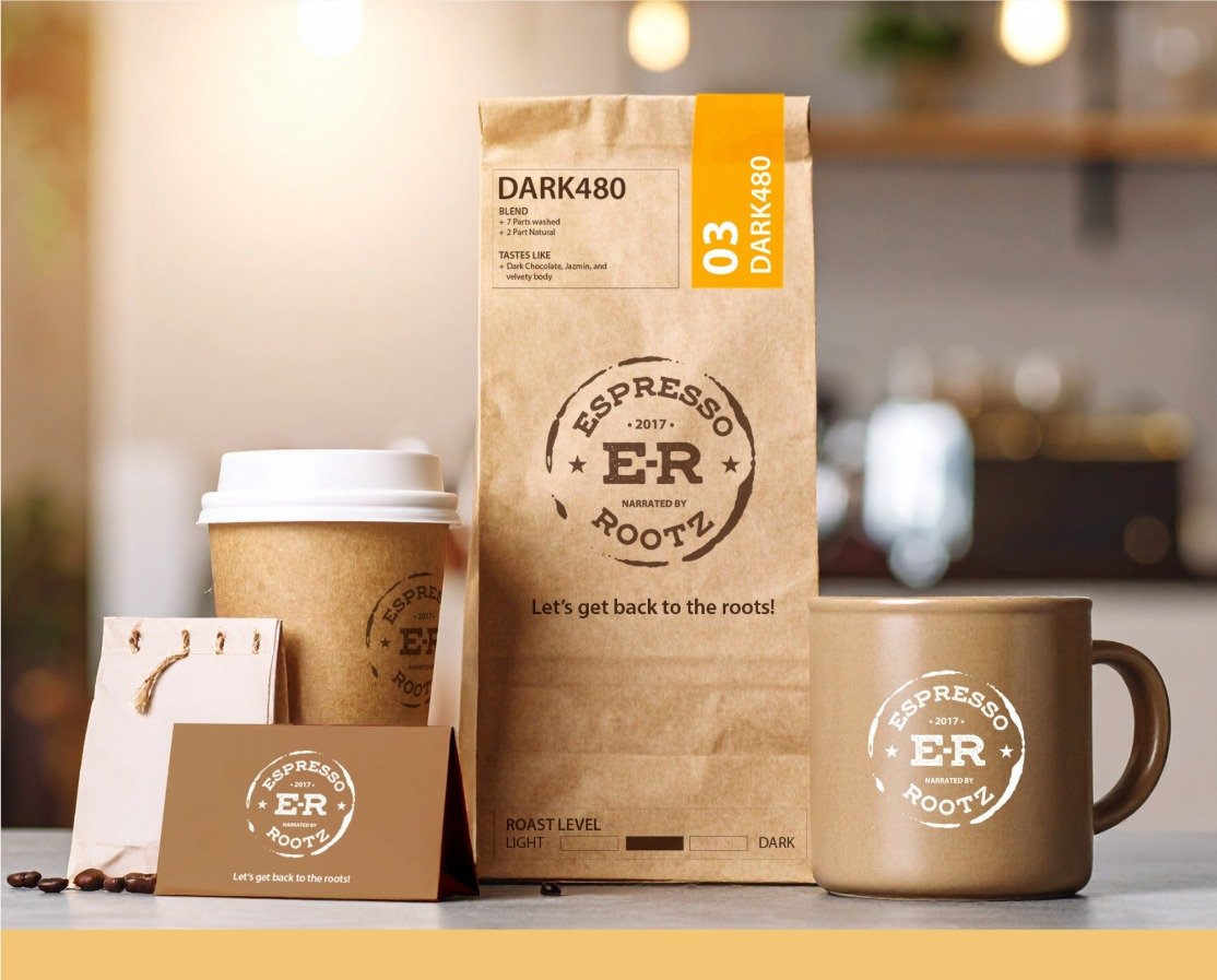 Graphic Design services featured through Espresso Rootz brand system—delivering cohesive identity across packaging, merchandise, and marketing touchpoints.
