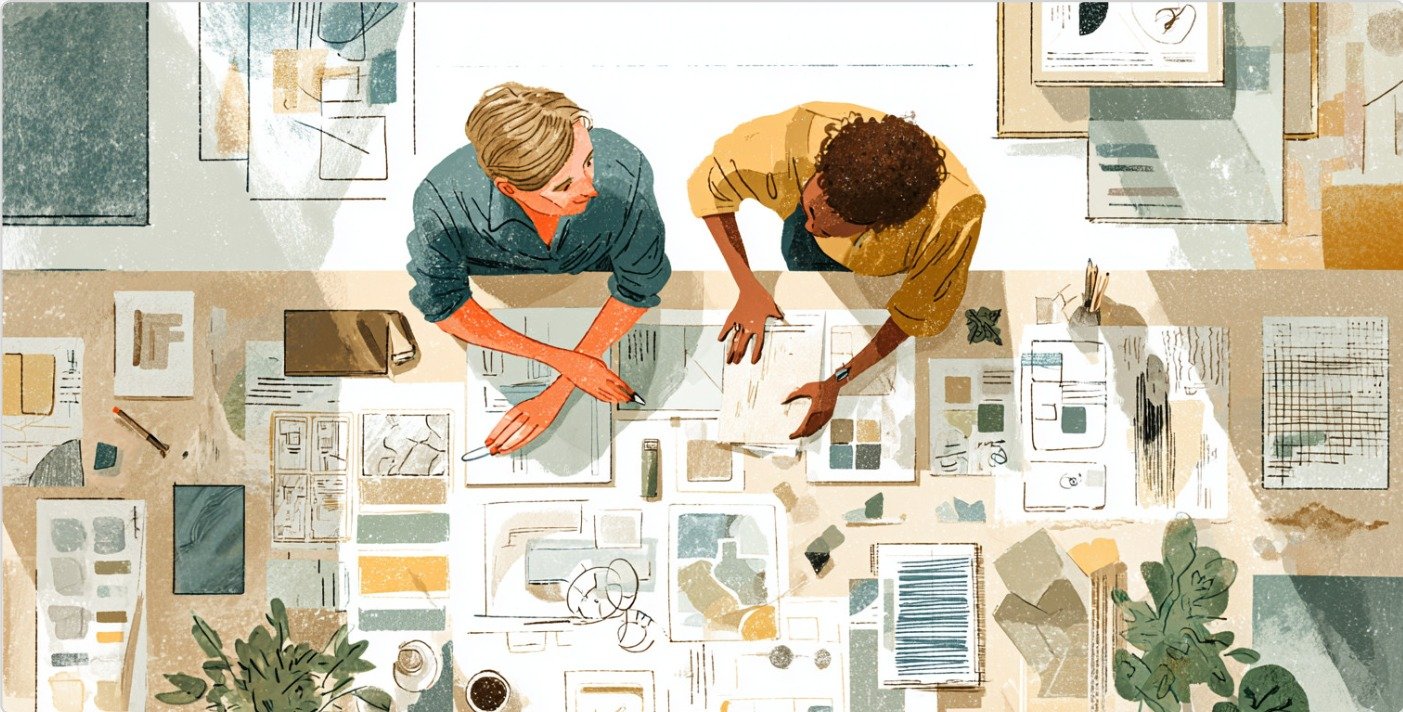 Overhead illustration of two designers collaborating at a studio table surrounded by sketches, swatches, and planning documents