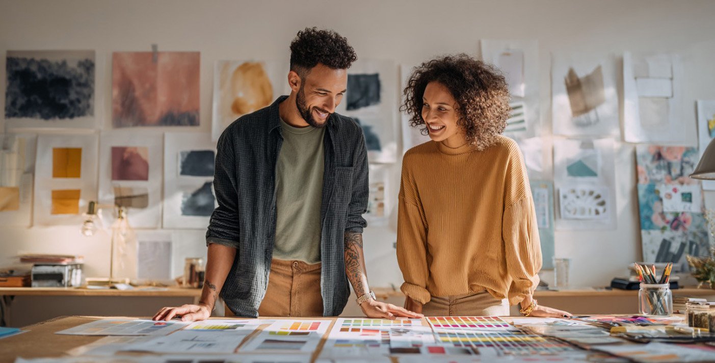 Illustration of Northern Sky Design Studio collaborating with diverse clients including startups, brands, and product teams