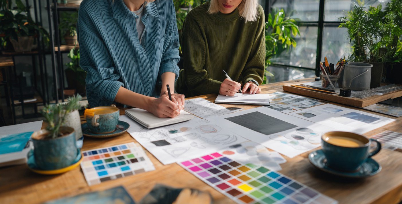 Illustration showing Northern Sky Design Studio partnering with diverse teams on branding, UX/UI, and industrial design