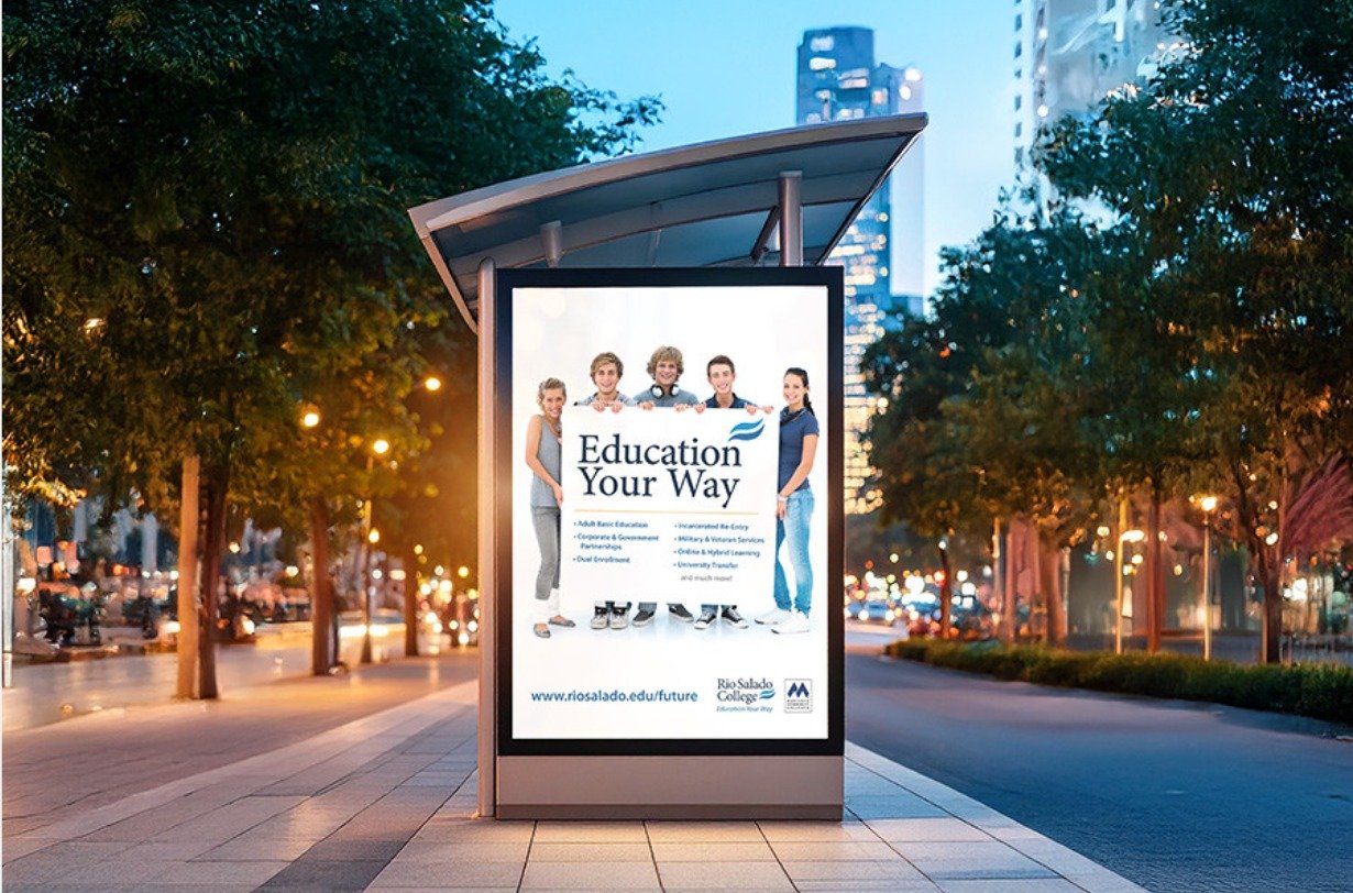 Graphic design for Rio Salado College education campaign billboard at a city bus stop, featuring students and program offerings.