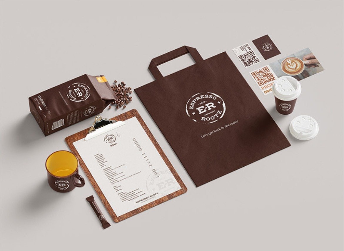 Complete brand identity suite for Espresso Rootz, including packaging and collateral mockups that deliver visual consistency and enhance retail brand impact.