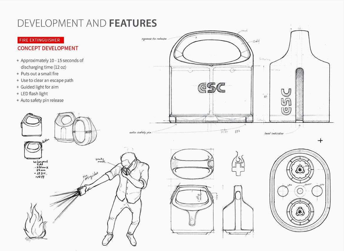 Concept development image of a fire extinguisher by Northern Sky Design Studio, illustrating industrial design exploration focused on usability, safety, and form innovation.