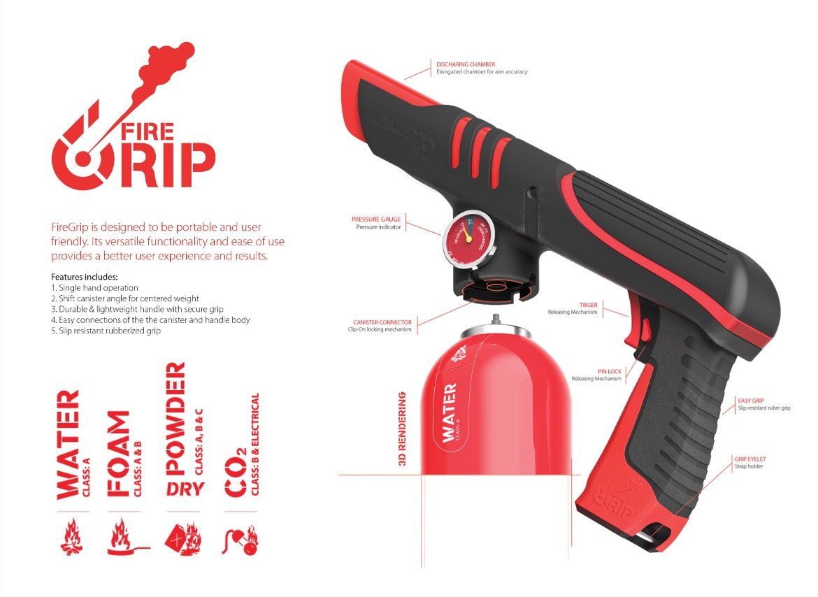 Industrial design concept for a handheld fire extinguisher, exploring usability, form factor, and production feasibility.