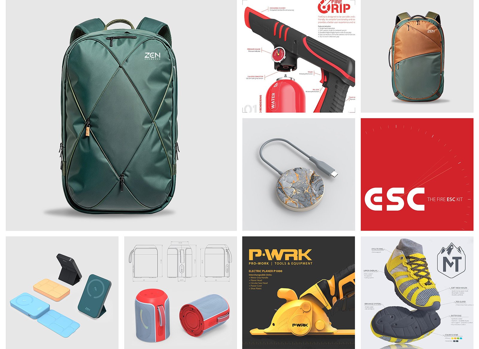 Banner image showing industrial product designs by Northern Sky Design Studio, including backpacks, power banks, tools, speakers, footwear, and safety equipment—highlighting multidisciplinary design capability.