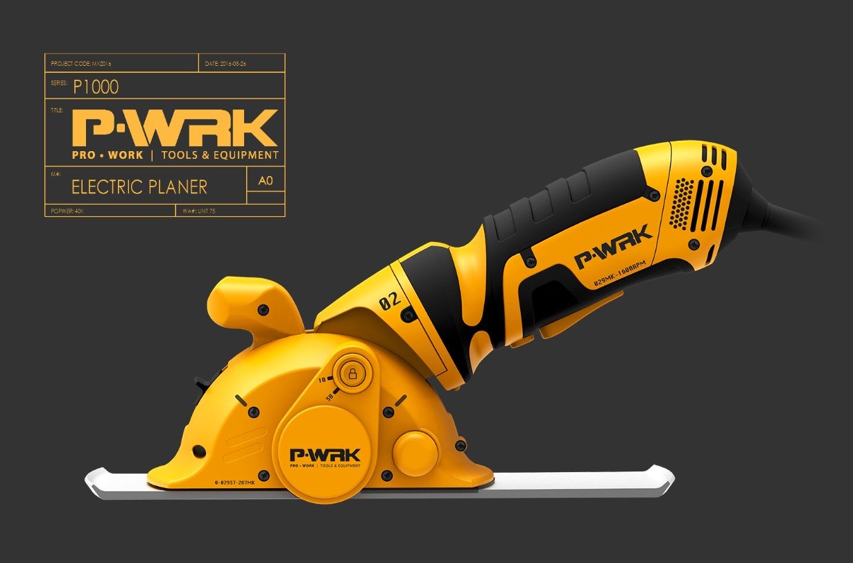 Industrial design concept rendering of an electric planer power tool by Northern Sky Design Studio, demonstrating product form, ergonomics, and manufacturability for mass-market feasibility.