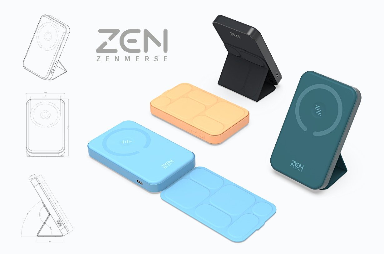  Industrial design rendering of a portable power bank with a foldable stand by Northern Sky Design Studio, showcasing form optimization and usability enhancements for on-the-go charging.