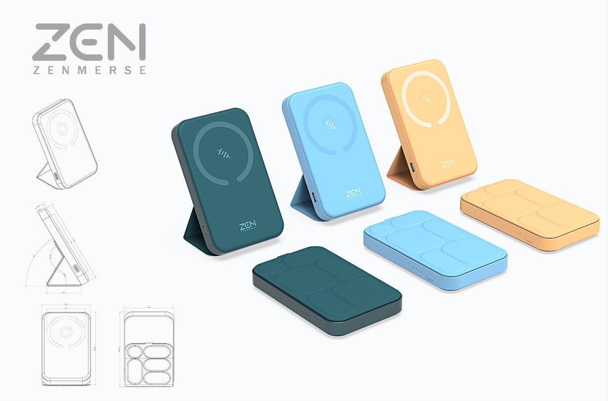 Industrial design rendering of a portable power bank with a foldable stand by Northern Sky Design Studio, showcasing form optimization and usability enhancements for on-the-go charging.
