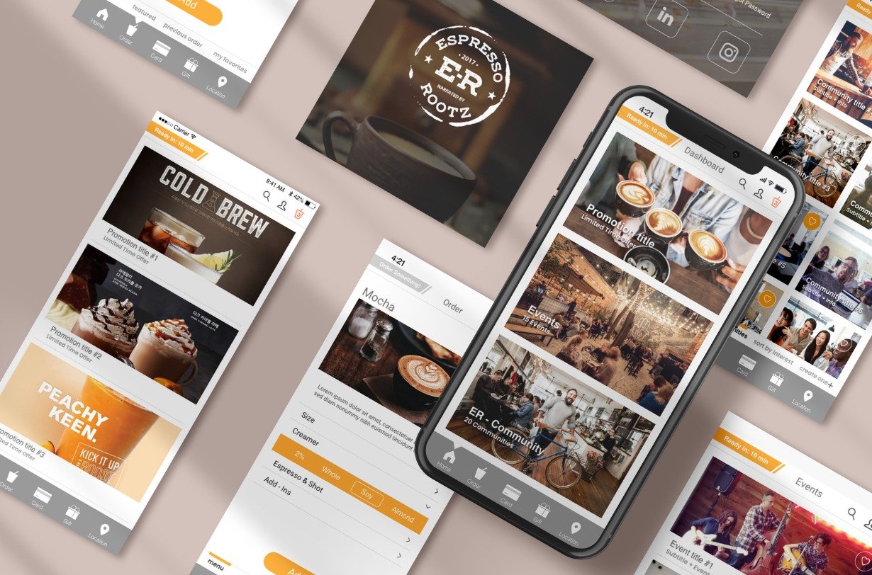 Mobile app mockup of Espresso Rootz Cafe designed by Northern Sky Design Studio, featuring high-fidelity screens that improve usability and enhance the cafe's brand identity.