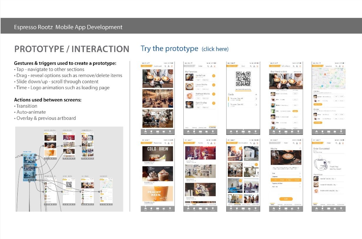UX prototype of Espresso Rootz Cafe app by Northern Sky Design Studio, featuring clickable mobile screens for user testing and design refinement.