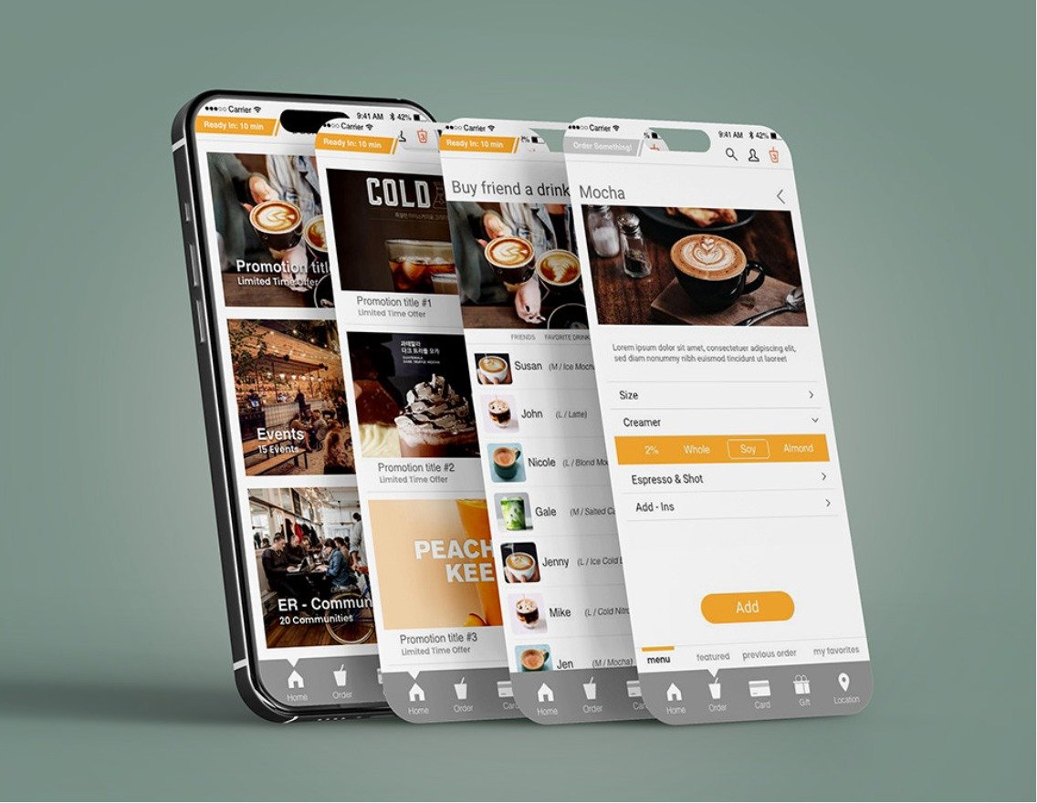  Mobile app prototype mockup for Espresso Rootz Café by Northern Sky Design Studio, featuring branded UI screens and user flow for seamless ordering.