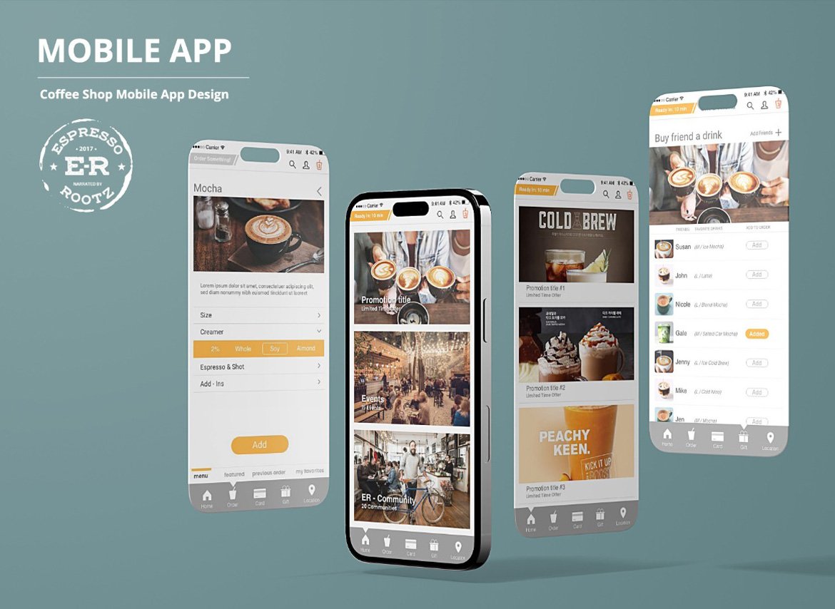UX/UI screen designs for Espresso Rootz Café mobile app by Northern Sky Design Studio, showcasing branded interface with clear navigation and user-friendly features.